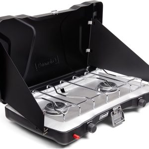 Coleman Triton+ 2-Burner Propane Camping Stove, Push-Button Instant Ignition, Portable Camp Grill, Adjustable Burners, Wind Guards, 22,000 Total BTUs of Power, Beach Cookouts, Backyard BBQ, Tailgating